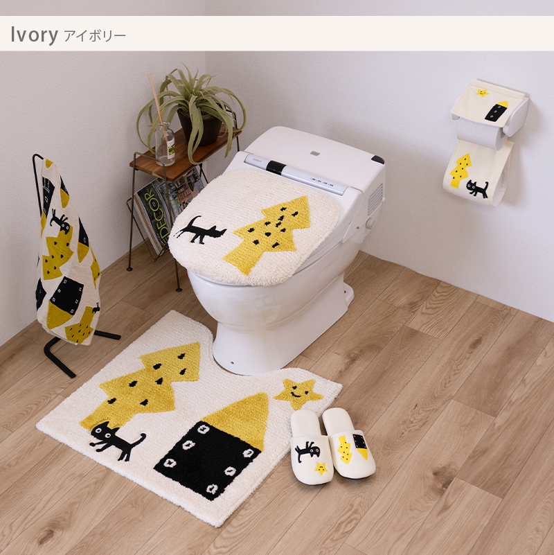 アツコマタノ 迷子のMEME BEBE トイレ3点セット ロングトイレマット+兼用フタカバー(普通便座&温水洗浄・暖房便座兼用)+スリッパ ブルー/アイボリー