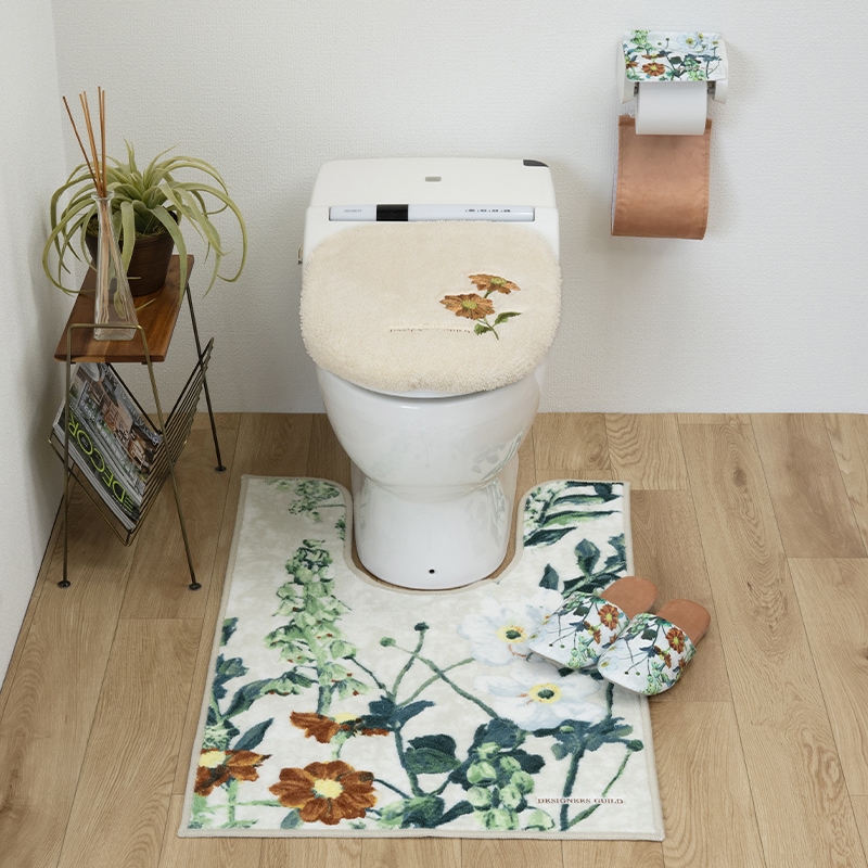 デザイナーズギルド アルテミシア トイレ4点セット 耳長トイレマット+兼用フタカバー+スリッパ+ペーパーホルダーカバー アイボリー/ピンク