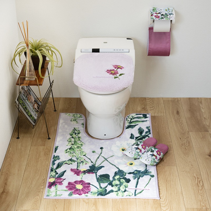 デザイナーズギルド アルテミシア トイレ4点セット 耳長トイレマット+兼用フタカバー+スリッパ+ペーパーホルダーカバー アイボリー/ピンク