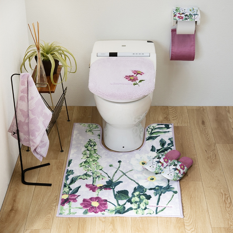 デザイナーズギルド アルテミシア トイレ5点セット 耳長トイレマット+兼用フタカバー+スリッパ+ペーパーホルダーカバー+ハンドタオル アイボリー/ピンク