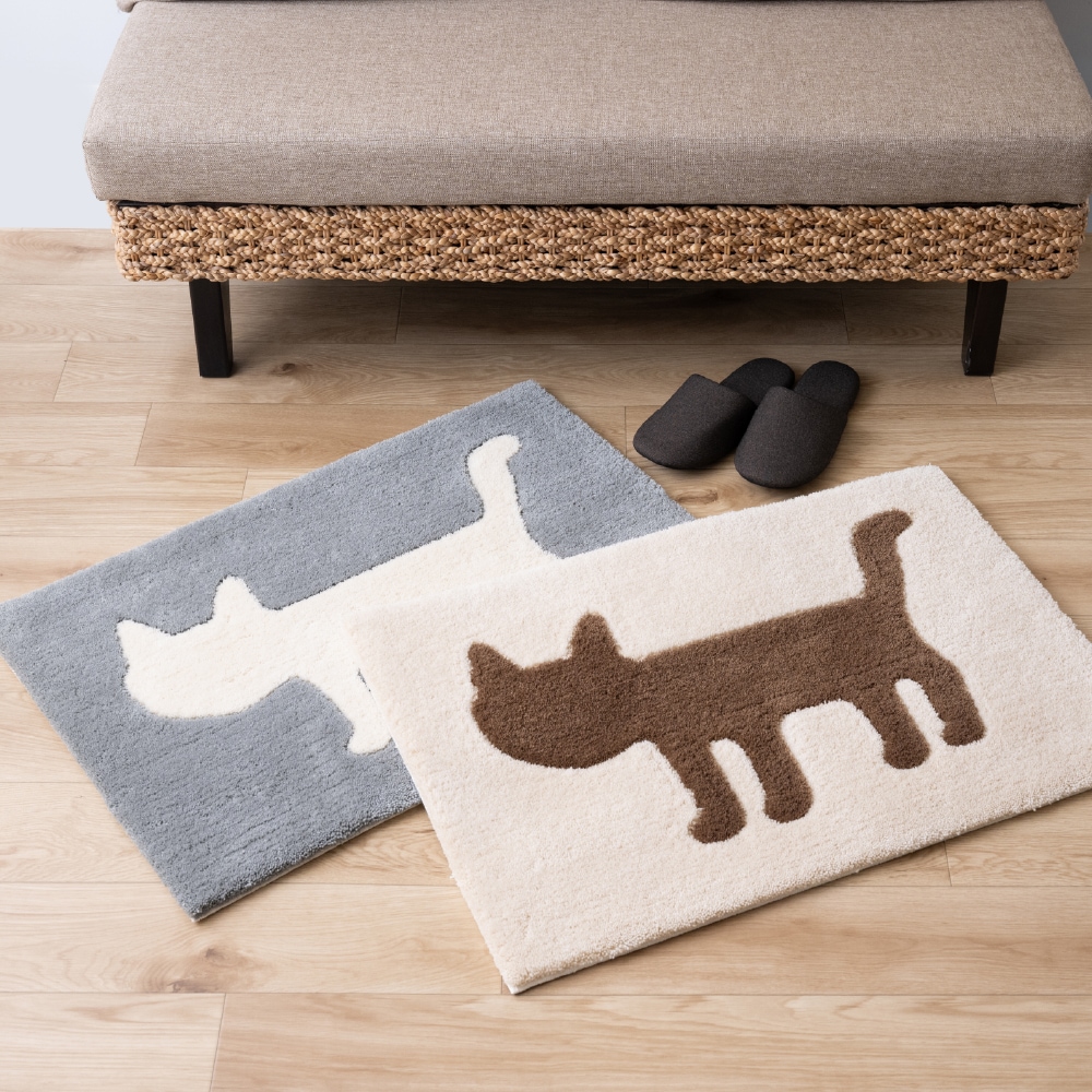 アツコマタノ シルエット猫 インテリアマット 約50×75cm ベージュ/グレー