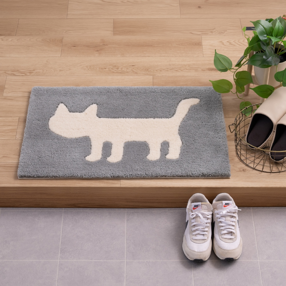 アツコマタノ シルエット猫 インテリアマット 約50×75cm ベージュ/グレー