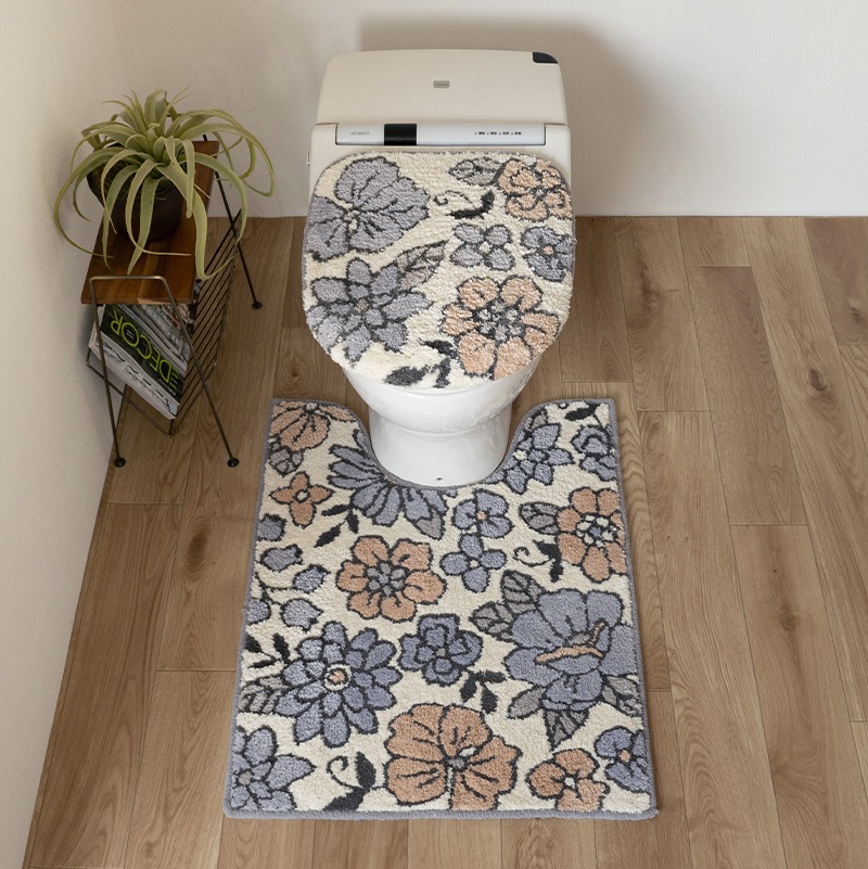 SDS シャーロット トイレ2点セット ロングトイレマット+トイレ兼用フタカバー(普通便座&温水洗浄・暖房便座兼用) グレー/ローズ