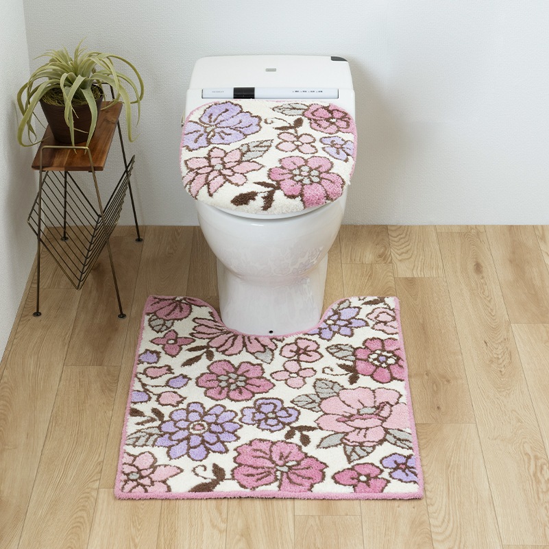 SDS シャーロット トイレ2点セット ロングトイレマット+トイレ兼用フタカバー(普通便座&温水洗浄・暖房便座兼用) グレー/ローズ