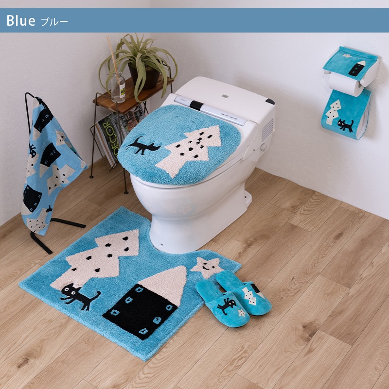 アツコマタノ 迷子のMEME BEBE トイレ5点セット ロングトイレマット+兼用フタカバー(普通便座&温水洗浄・暖房便座兼用)+スリッパ+ペーパーホルダーカバー+ハンドタオル ブルー/アイボリー