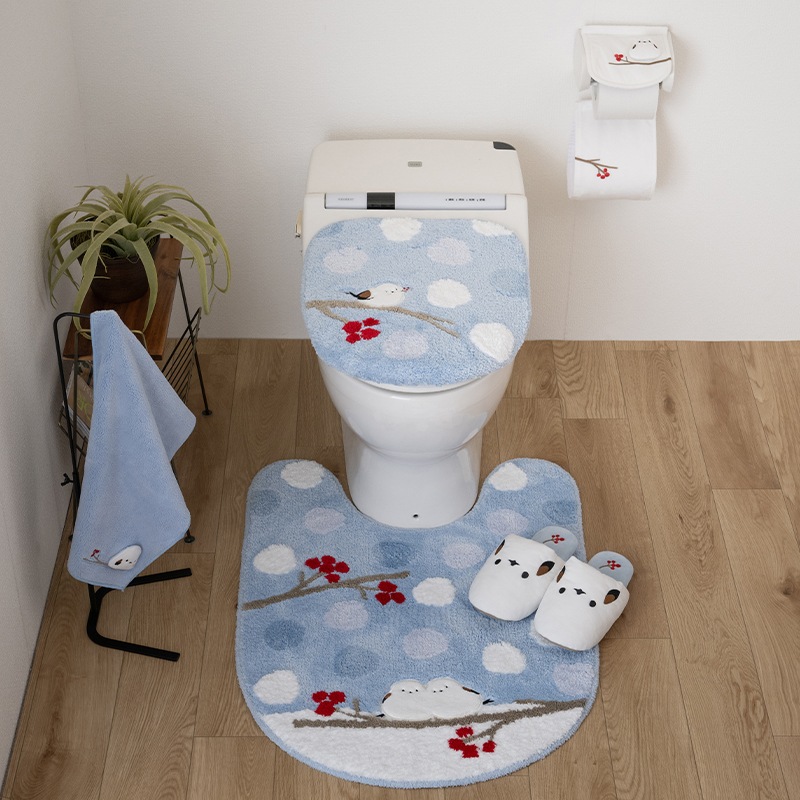 SDS シマエナガちゃん トイレ5点セット（ロングトイレマット+兼用フタカバー+スリッパ+ペーパーホルダーカバー+ハンドタオル） ブルー/グレー