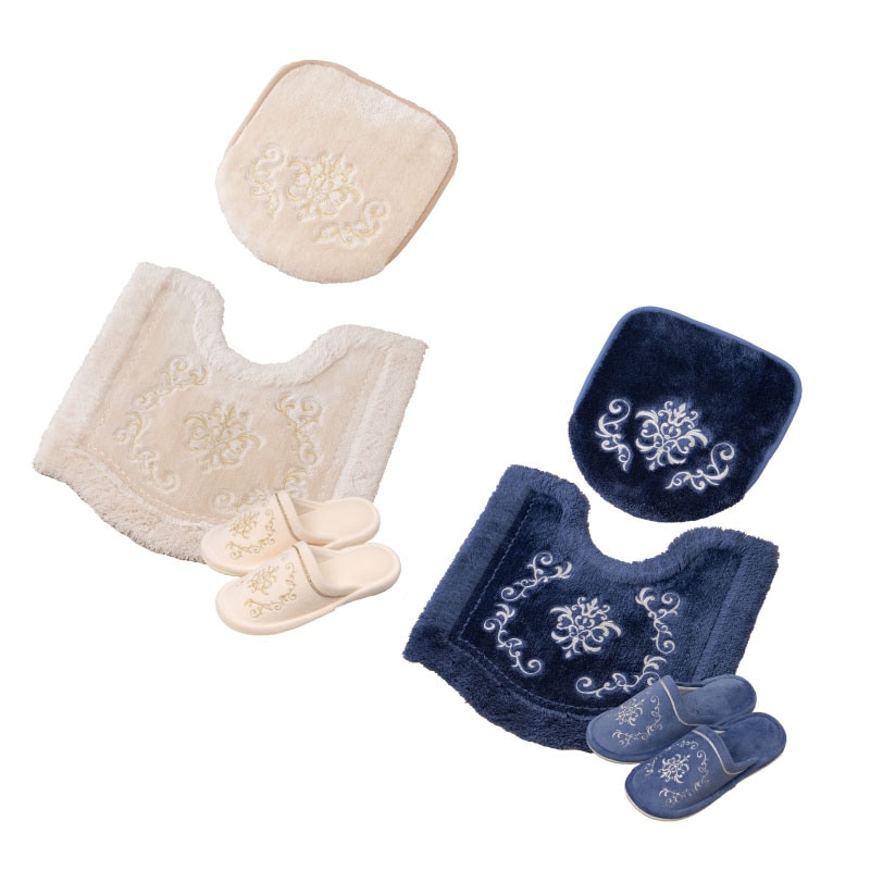 ニーナス・メゾン ロイヤルパレス トイレ3点セット（トイレマット+兼用フタカバー+スリッパ） ロイヤルベージュ/ロイヤルネイビーブルー