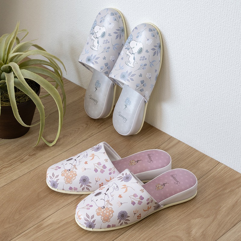 PEANUTS ブロッサム 拭けるPVC吊り込みスリッパ 約22～24cm グレー/ローズ