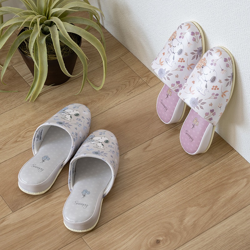 PEANUTS ブロッサム 拭けるPVC吊り込みスリッパ 約22～24cm グレー/ローズ