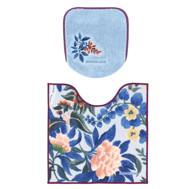 ★トイレ2点セット トイレマット+兼用フタカバー ブルー/ベージュ デザイナーズギルド イケバナ