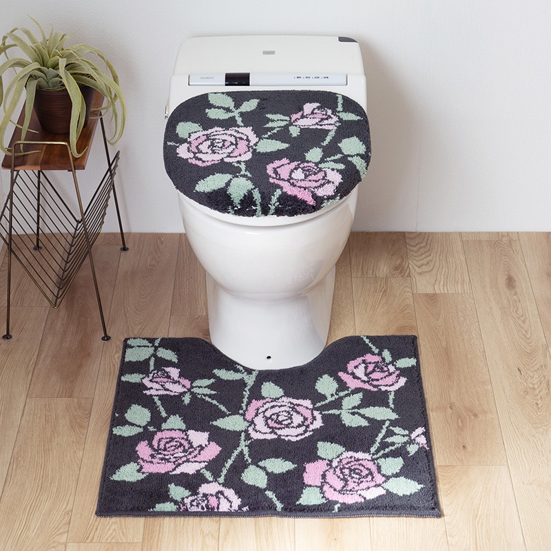 ラルジュルタン グレイス トイレ2点セット トイレマット+兼用フタカバー（普通便座＆温水洗浄・暖房便座兼用） ブラック/アイボリー