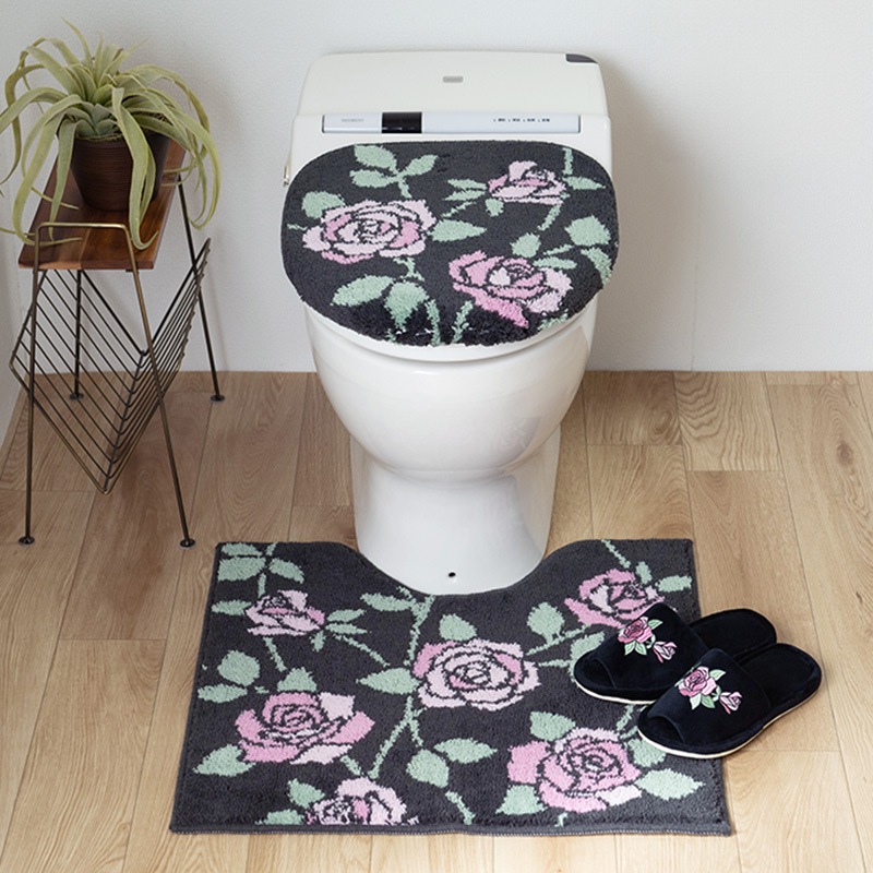 ラルジュルタン グレイス トイレ3点セット トイレマット+兼用フタカバー（普通便座＆温水洗浄・暖房便座兼用）+スリッパ ブラック/アイボリー