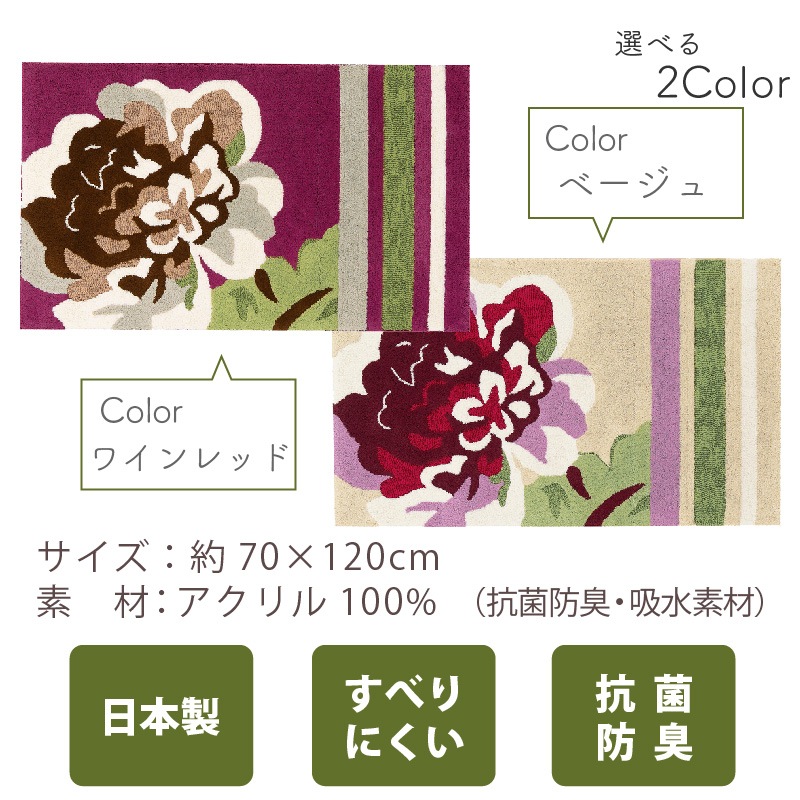 ★デザイナーズギルド ニフティローズ インテリアマット 約70×120cm ベージュ/ワインレッド