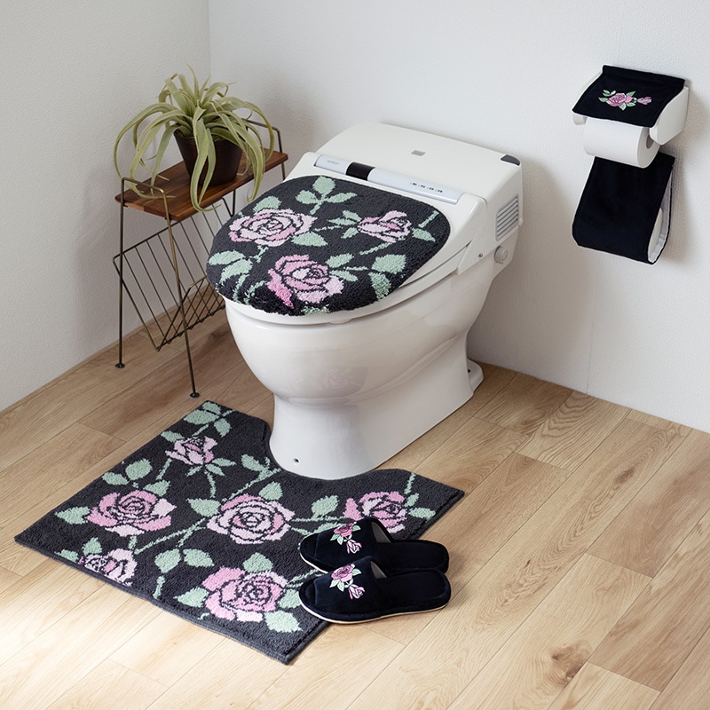 ラルジュルタン グレイス トイレ4点セット トイレマット+兼用フタカバー(普通便座&温水洗浄・暖房便座兼用)+スリッパ+ペーパーホルダーカバー ブラック/アイボリー