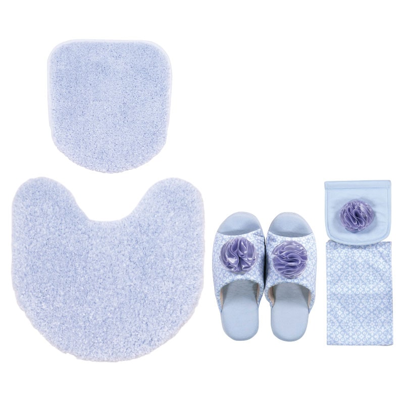 ★サロンドソワレ シュクルメランジェ トイレ4点セット トイレマット+兼用フタカバー+スリッパ+ペーパーホルダーカバー ブルー/アイボリー/グレー/パープル