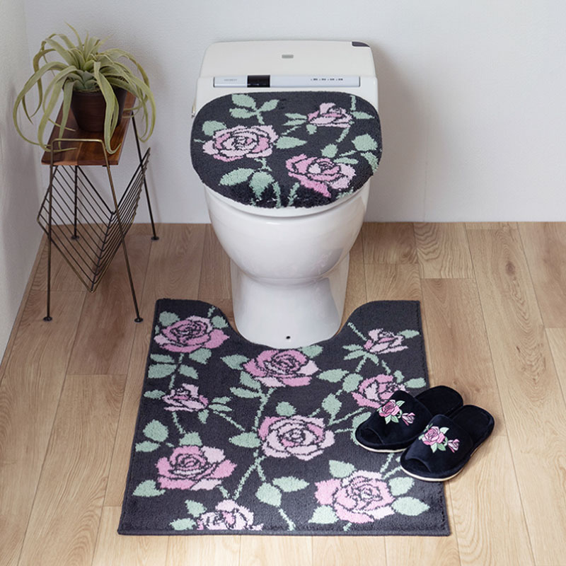 ラルジュルタン グレイス トイレ3点セット ロングトイレマット+兼用フタカバー（普通便座＆温水洗浄・暖房便座兼用）+スリッパ ブラック/アイボリー