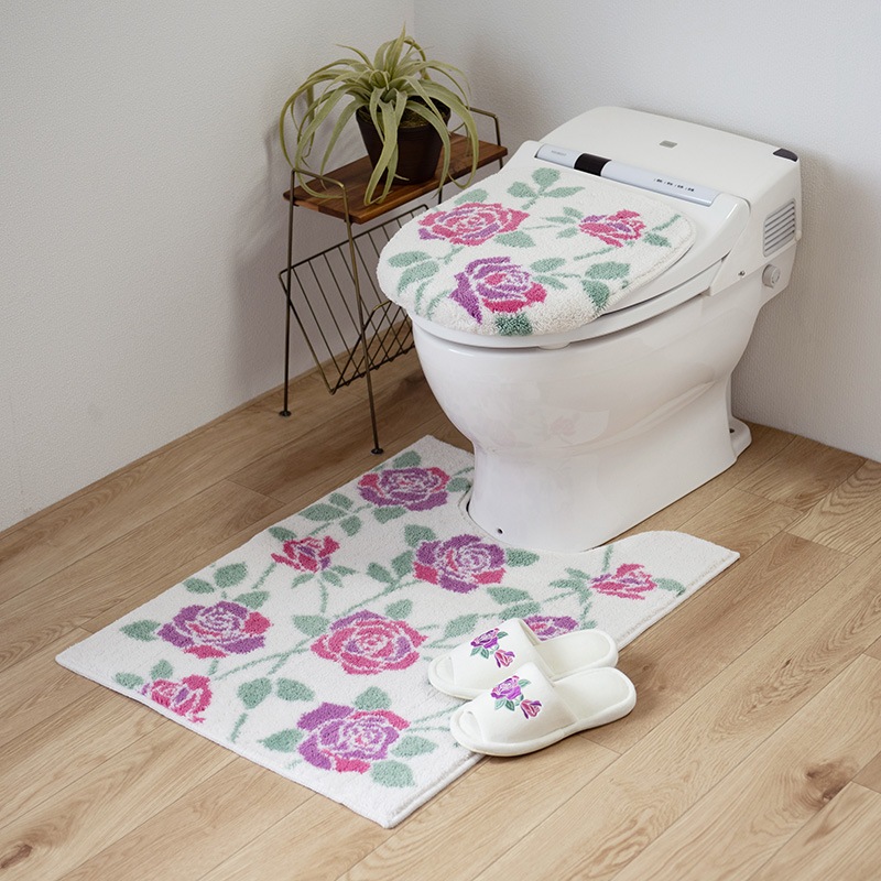 ラルジュルタン グレイス トイレ3点セット ロングトイレマット+兼用フタカバー（普通便座＆温水洗浄・暖房便座兼用）+スリッパ ブラック/アイボリー