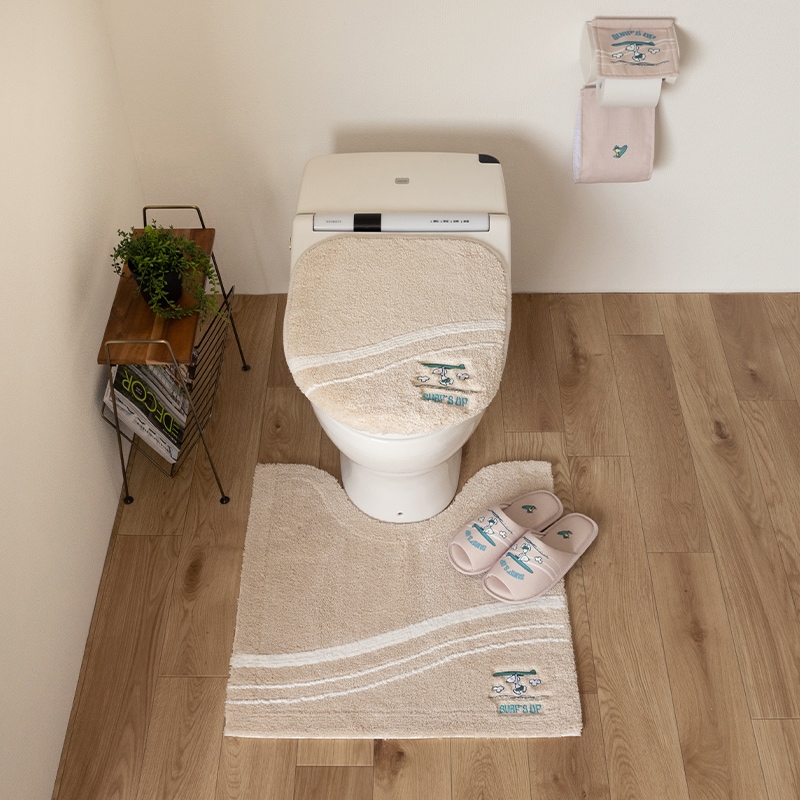 PEANUTS サーフ トイレ4点セット トイレマット+兼用フタカバー(普通便座&温水洗浄・暖房便座兼用)+スリッパ+ペーパーホルダーカバー ベージュ/ターコイズブルー