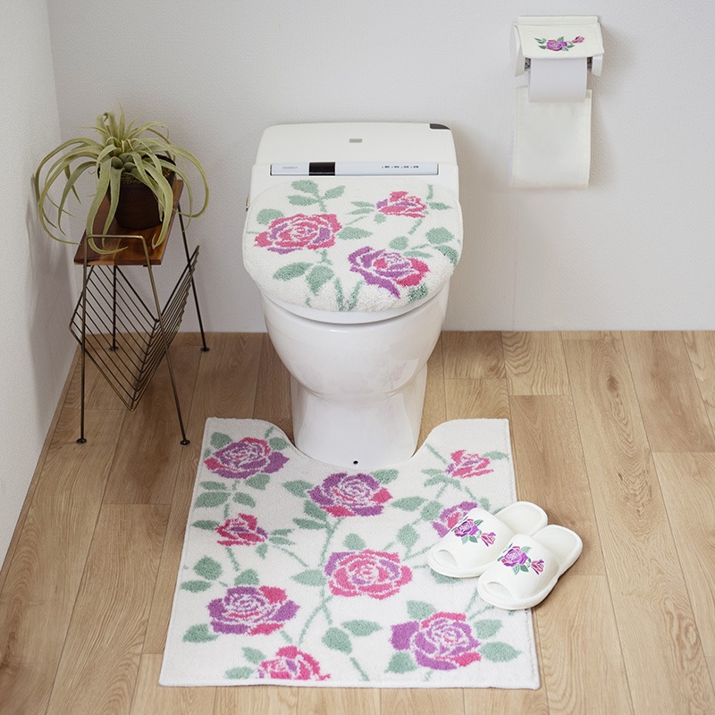 ラルジュルタン グレイス トイレ4点セット ロングトイレマット+兼用フタカバー（普通便座＆温水洗浄・暖房便座兼用）+スリッパ+ペーパーホルダーカバー ブラック/アイボリー