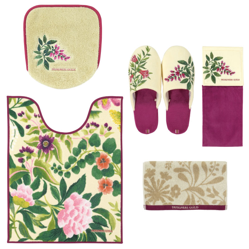 ★トイレ5点セット ロングトイレマット+兼用フタカバー+スリッパ+ペーパーホルダーカバー+ハンドタオル ブルー/ベージュ デザイナーズギルド イケバナ