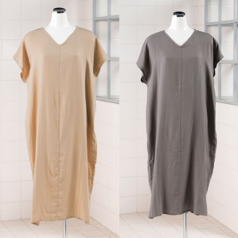 【ワンピース ルームウェア Vネック フレンチ袖 無地 ゆったり】M～Lサイズ ベージュ/グレー M+home サーリ