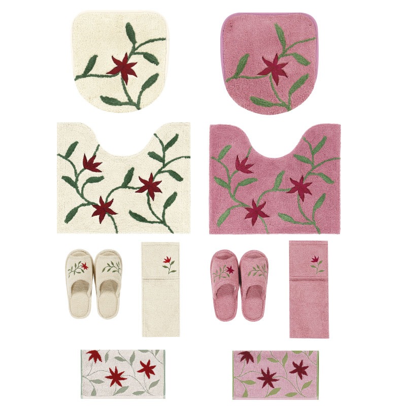 シビラ アメリア3 トイレ5点セット（ミニトイレマット+兼用フタカバー+スリッパ+ペーパーホルダーカバー+ハンドタオル） ベージュ/ピンク