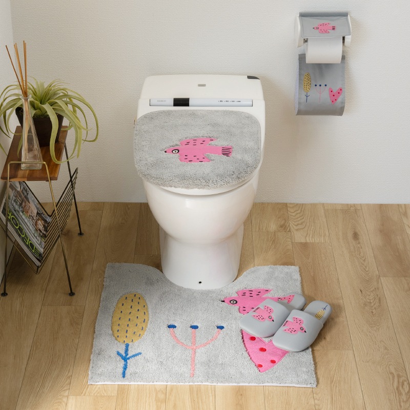 アツコマタノ 朝 トイレ4点セット トイレマット+兼用フタカバー+スリッパ+ペーパーホルダーカバー グレー/アイボリー