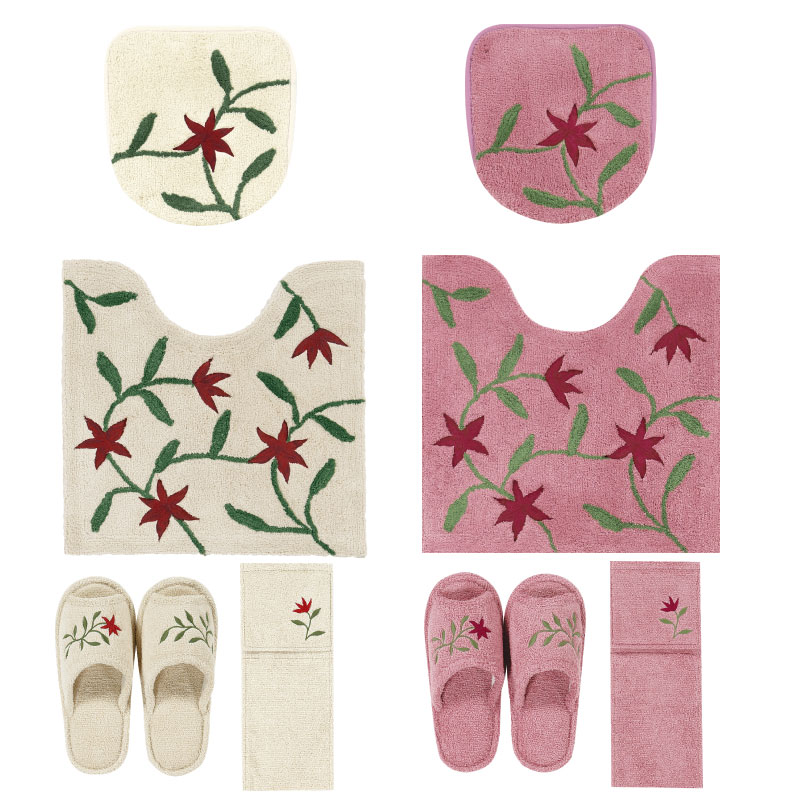 シビラ アメリア3 トイレ4点セット（トイレマット+兼用フタカバー+スリッパ+ペーパーホルダーカバー） ベージュ/ピンク