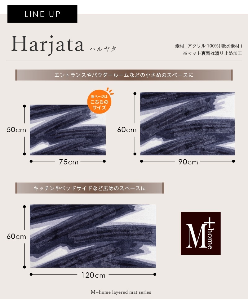 M+home ハルヤタ インテリアマット 約50×75cm ネイビーブルー