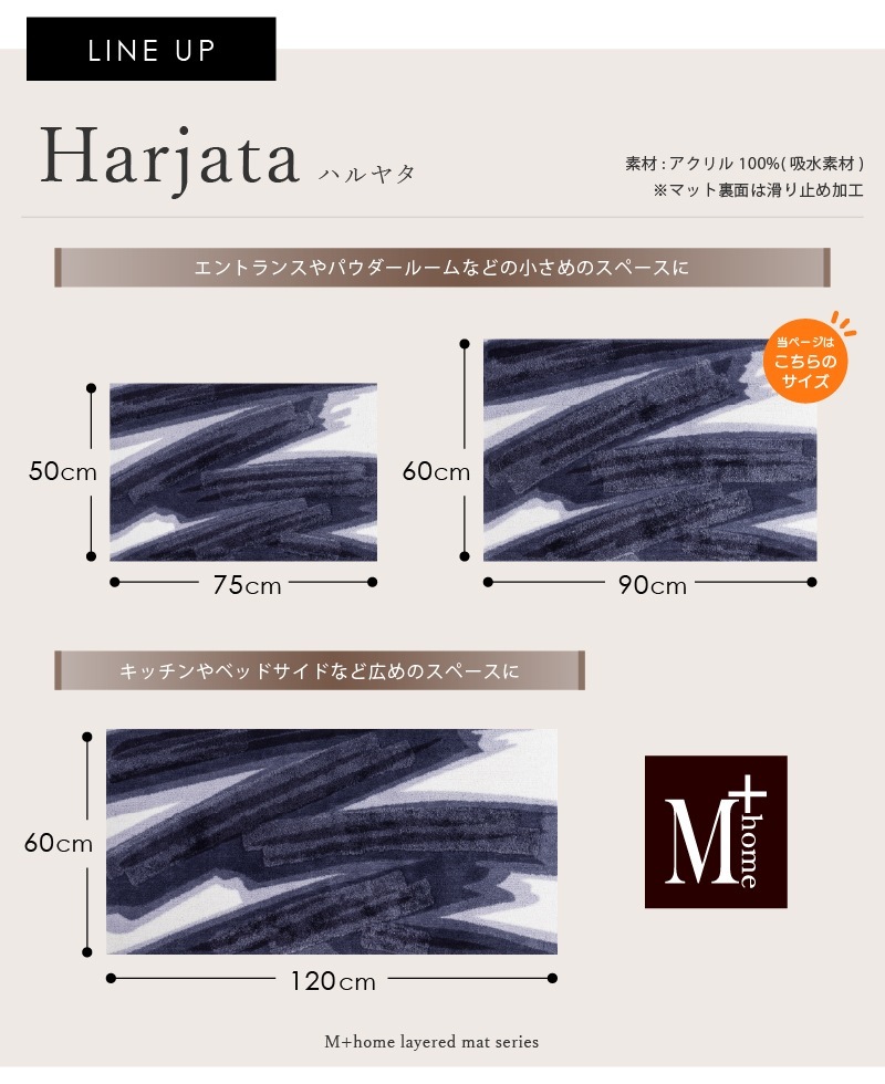 M+home ハルヤタ インテリアマット 約60×90cm ネイビーブルー