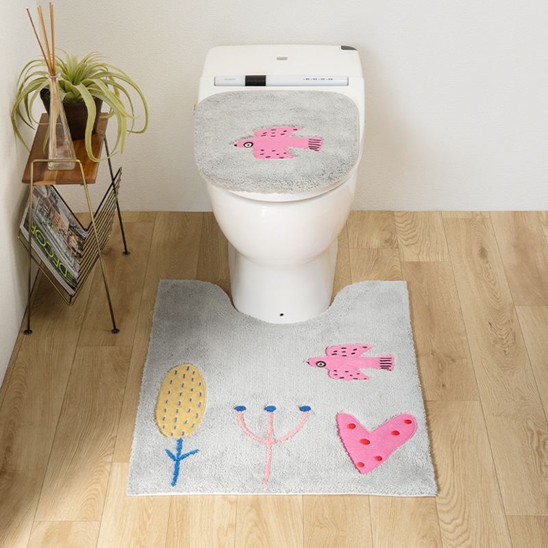 アツコマタノ 朝 トイレ2点セット ロングトイレマット+兼用フタカバー グレー/アイボリー