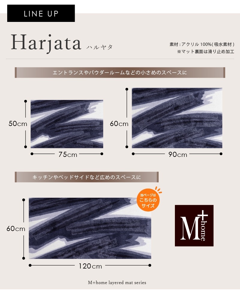 M+home ハルヤタ インテリアマット 約60×120cm ネイビーブルー