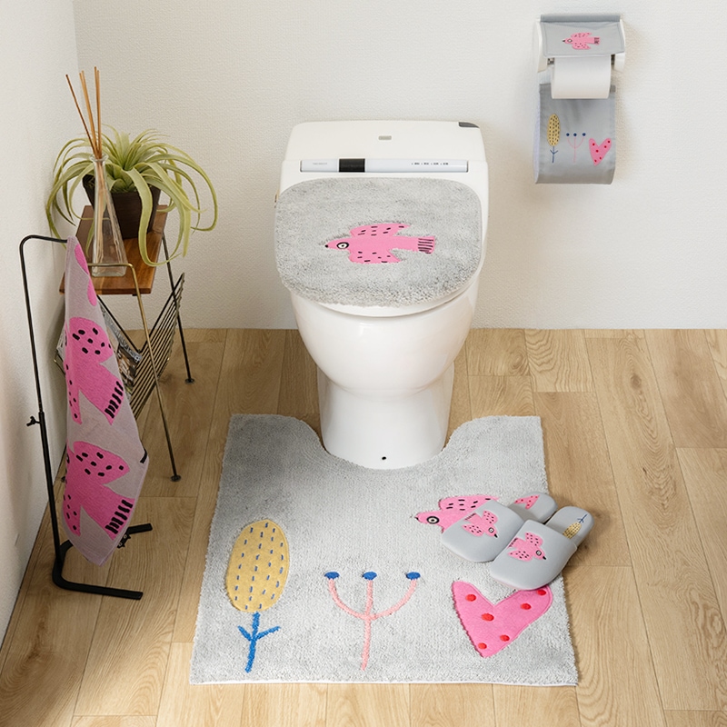 アツコマタノ 朝 トイレ5点セット ロングトイレマット+兼用フタカバー+スリッパ+ペーパーホルダーカバー+フェイスタオル グレー/アイボリー