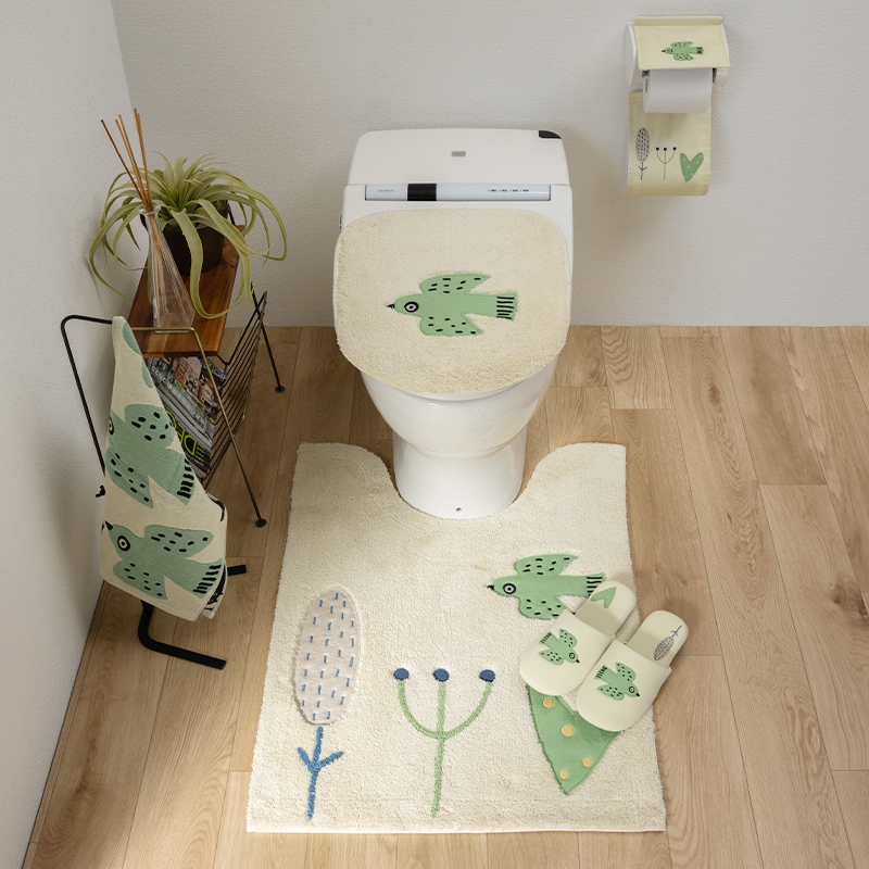 アツコマタノ 朝 トイレ5点セット ロングトイレマット+兼用フタカバー+スリッパ+ペーパーホルダーカバー+フェイスタオル グレー/アイボリー