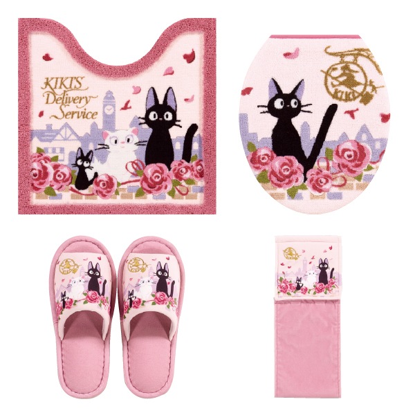 魔女の宅急便 ジジとデート トイレ4点セット トイレマット+普通便座用フタカバー+スリッパ+ペーパーホルダーカバー ピンク 