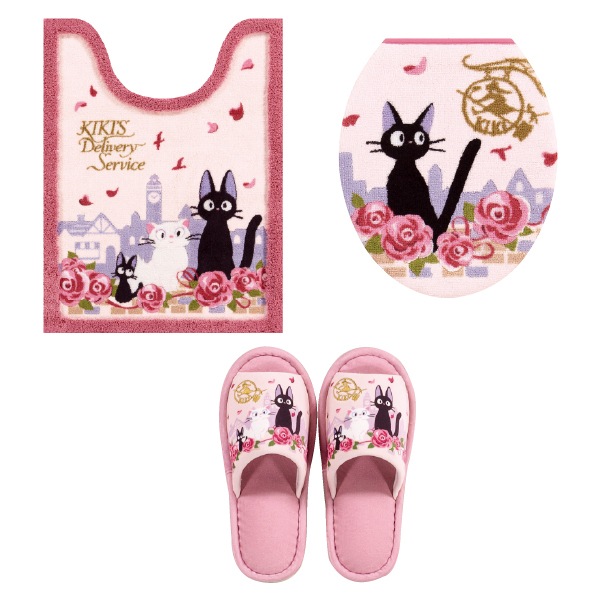 魔女の宅急便 ジジとデート トイレ3点セット ロングトイレマット+普通便座用フタカバー+スリッパ ピンク 