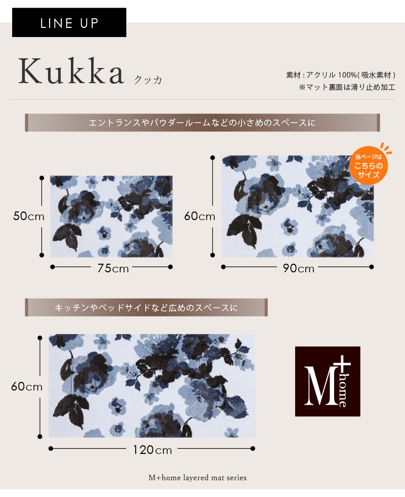M+home クッカ インテリアマット 約60×90cm ネイビーブルー