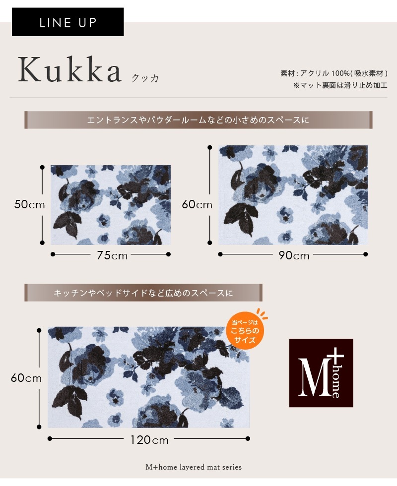 M+home クッカ インテリアマット 約60×120cm ネイビーブルー
