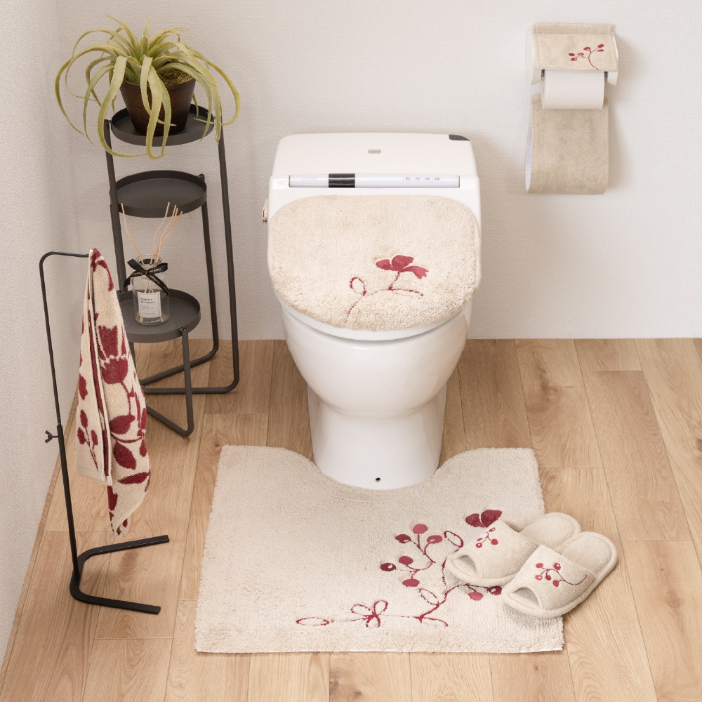 シビラ レガーロ トイレ5点セット トイレマット+兼用フタカバー+スリッパ+ペーパーホルダーカバー+ハンドタオル ベージュ/グリーン