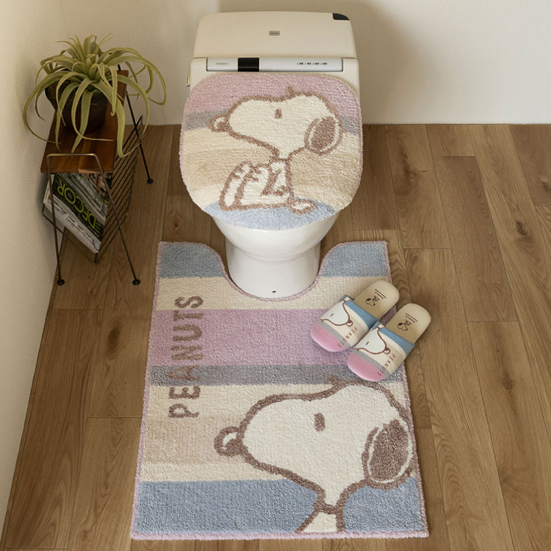 PEANUTS くすみパステル トイレ3点セット ロングトイレマット+兼用フタカバー（普通便座＆温水洗浄・暖房便座兼用）+スリッパ ブルー/ピンク