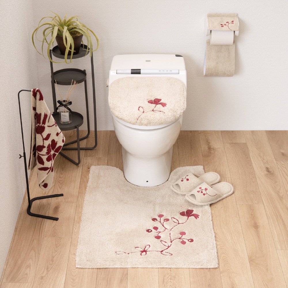 シビラ レガーロ トイレ5点セット ロングトイレマット+兼用フタカバー+スリッパ+ペーパーホルダーカバー+ハンドタオル ベージュ/グリーン