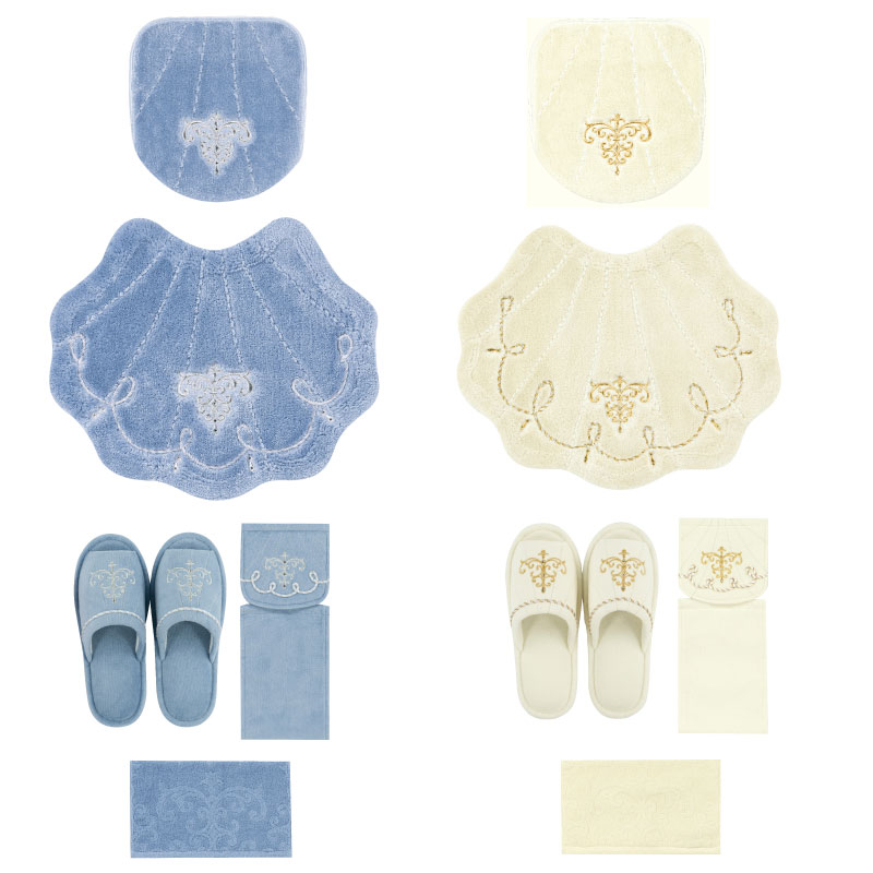 ニーナス・メゾン ロマンスシェル トイレ5点セット（トイレマット+兼用フタカバー+スリッパ+ペーパーホルダーカバー+ハンドタオル） ブルー/アイボリー
