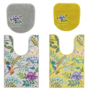 【トイレ2点セット 花 鳥 エレガント 上品 おしゃれ】耳長トイレマット+兼用フタカバー グレー/イエロー デザイナーズギルド ポーセリン