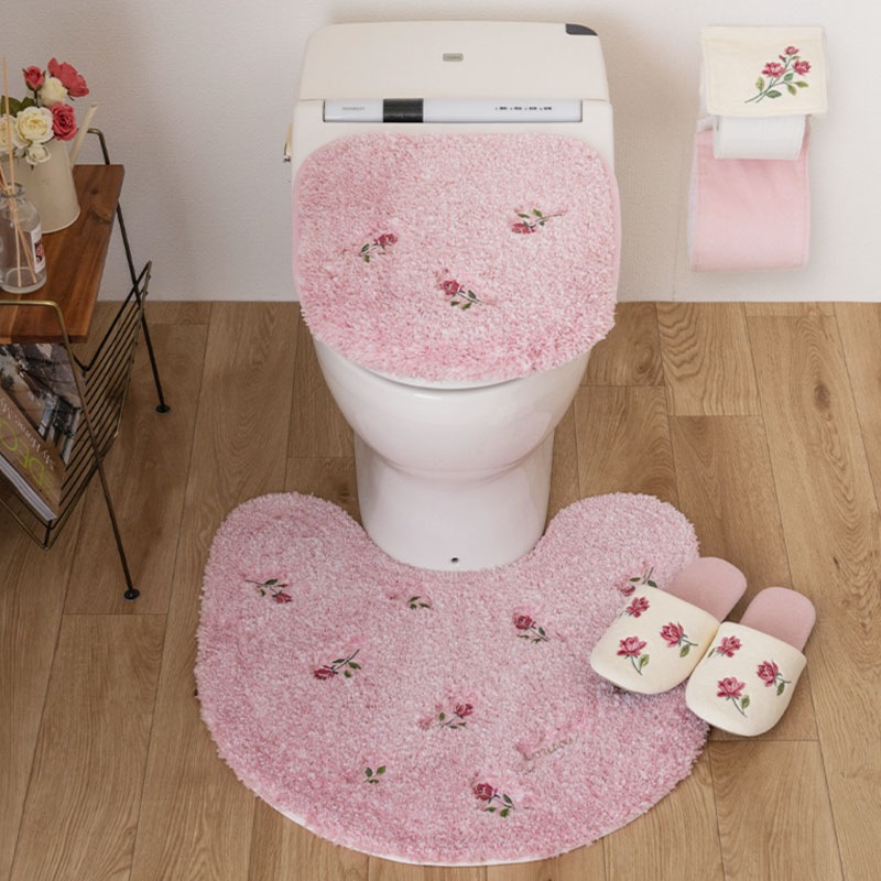 SDS yorisou スイートローズ トイレ4点セット トイレマット+兼用フタカバー（普通便座＆温水洗浄・暖房便座兼用）+スリッパ+ペーパーホルダーカバー ピンク