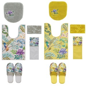 【トイレ5点セット 花 鳥 エレガント 上品 おしゃれ】耳長トイレマット+兼用フタカバー+スリッパ+ペーパーホルダーカバーN+ハンドタオル グレー/イエロー デザイナーズギルド ポーセリン