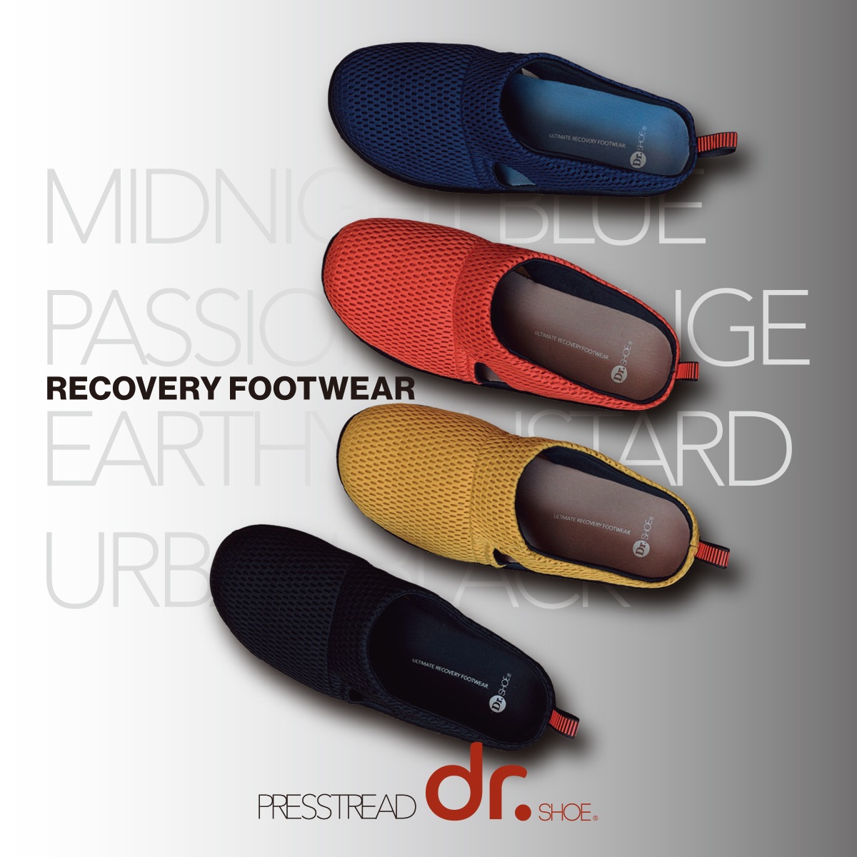 リカバリーフットウェア Dr.SHOE PRESSTREAD/インドアサンダル S/M/L アーバンブラック/パッションオレンジ/ミッドナイトブルー/アーシーマスタード