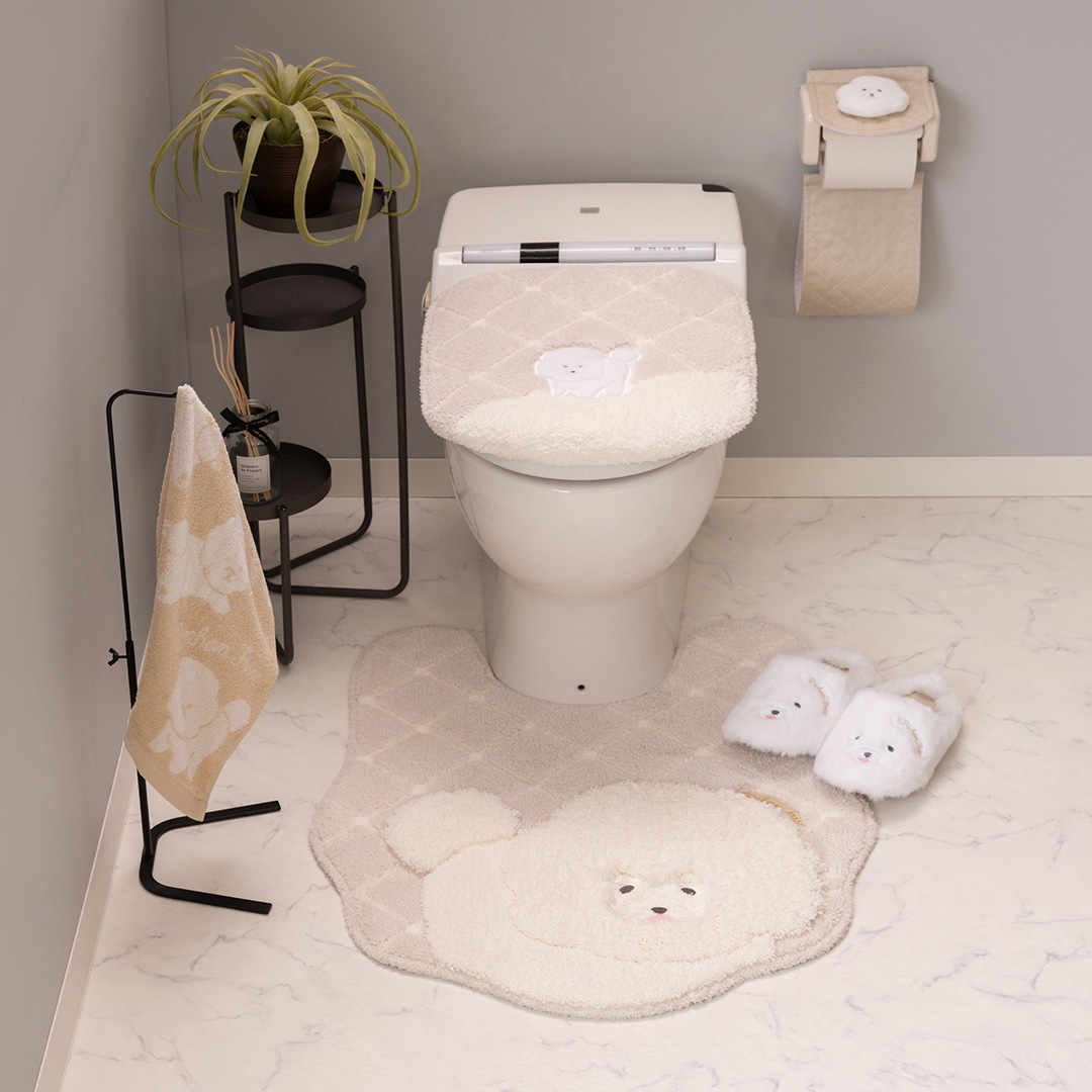 SDS クラウドビション トイレ5点セット ロングトイレマット+兼用フタカバー+スリッパ+ペーパーホルダーカバー+ハンドタオル ベージュ/ピンク