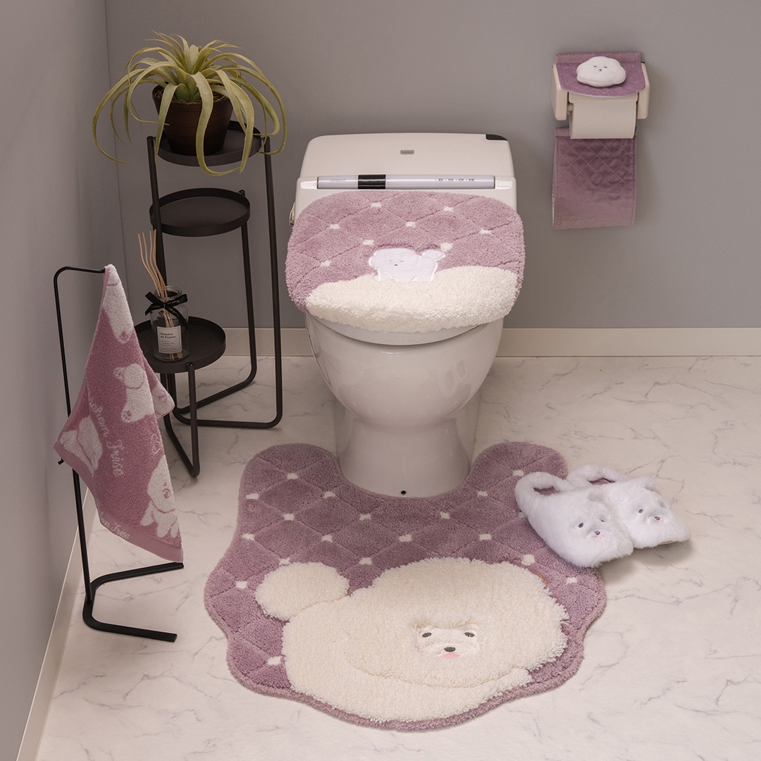 SDS クラウドビション トイレ5点セット ロングトイレマット+兼用フタカバー+スリッパ+ペーパーホルダーカバー+ハンドタオル ベージュ/ピンク