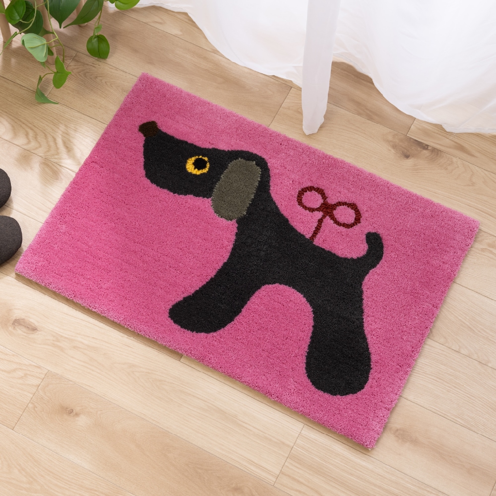 アツコマタノ ねじまき犬 インテリアマット 約50×75cm グリーン/ピンク