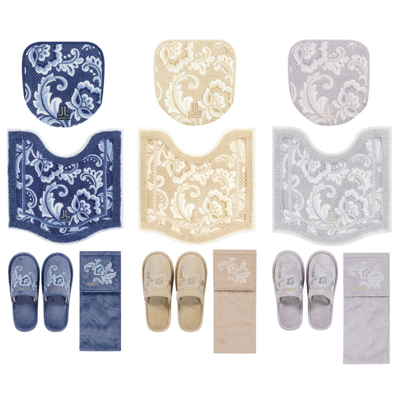 【トイレ4点セット】トイレマット+兼用フタカバー+スリッパ+ペーパーホルダーカバー ブルー/ベージュ/グレー ランチェッティ ピッツォ